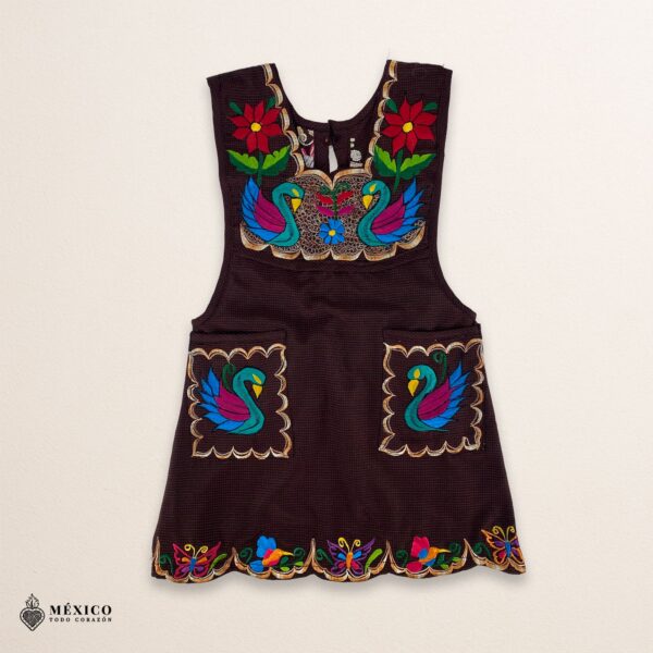 Brown Mexican embroidered apron with standard kitchen design and beautiful floral embroidery