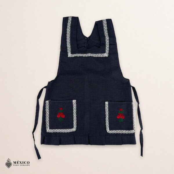 Blue Mexican embroidered apron made of essential cotton, handmade kitchen apron featuring traditional floral embroidery inspired by Mexican craftsmanship