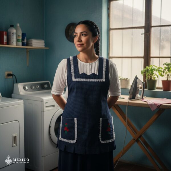 Blue Mexican embroidered apron made of essential cotton, handmade kitchen apron featuring traditional floral embroidery inspired by Mexican craftsmanship