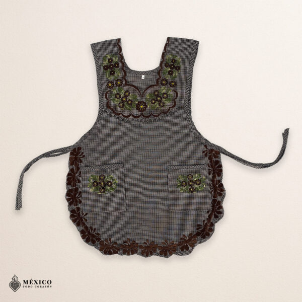 Gray Mexican embroidered smock apron featuring a traditional floral design for women, handmade artisan style
