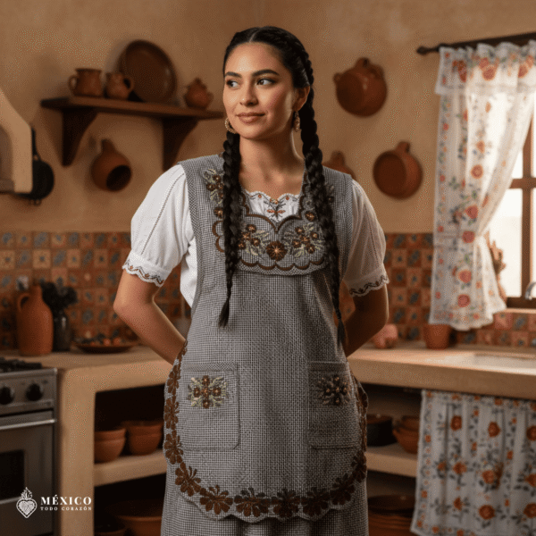 Gray Mexican embroidered smock apron featuring a traditional floral design for women, handmade artisan style