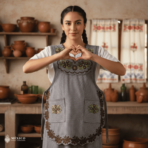 Gray Mexican embroidered smock apron featuring a traditional floral design for women, handmade artisan style