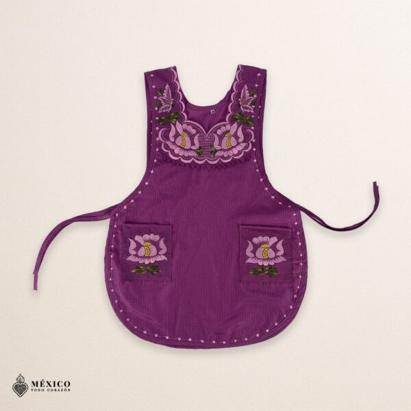 Violet Mexican embroidered smock apron with colorful floral traditional design, handcrafted artisan apron for women