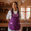 Violet Mexican embroidered smock apron with colorful floral traditional design, handcrafted artisan apron for women
