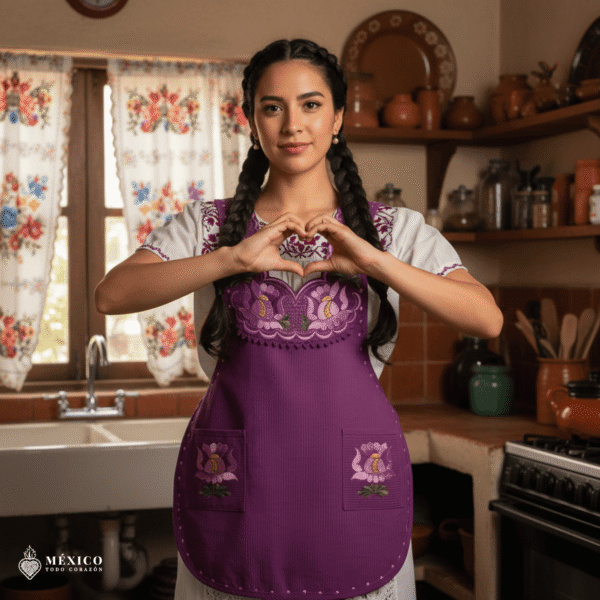 Violet Mexican embroidered smock apron with colorful floral traditional design, handcrafted artisan apron for women