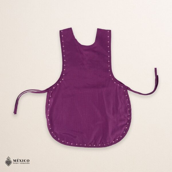 Violet Mexican embroidered smock apron with colorful floral traditional design, handcrafted artisan apron for women