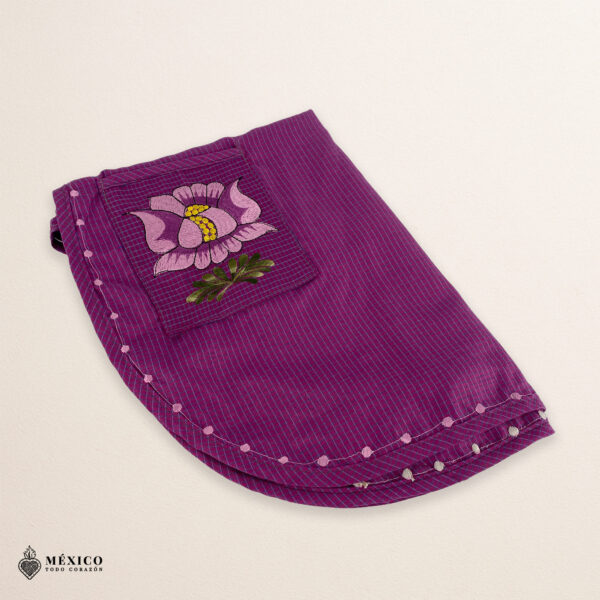 Violet Mexican embroidered smock apron with colorful floral traditional design, handcrafted artisan apron for women