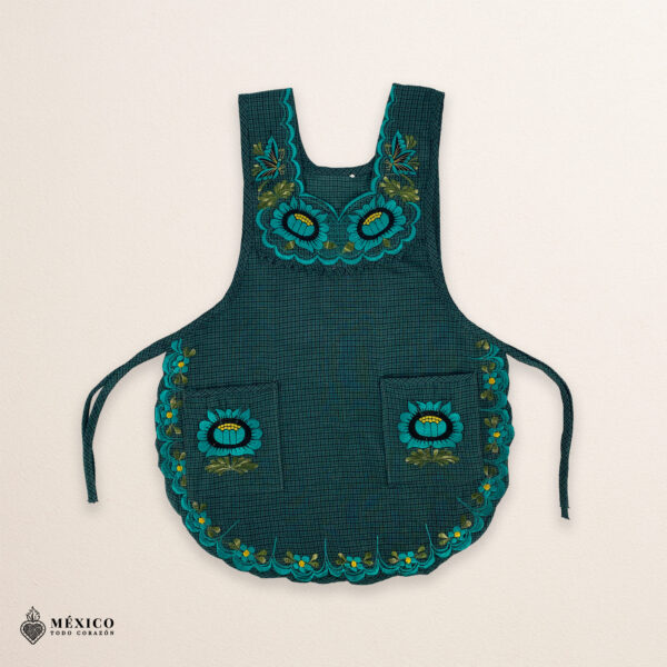 Turquoise Mexican embroidered smock apron with colorful floral traditional design, handmade artisan apron for women