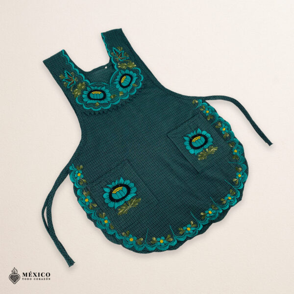 Turquoise Mexican embroidered smock apron with colorful floral traditional design, handmade artisan apron for women
