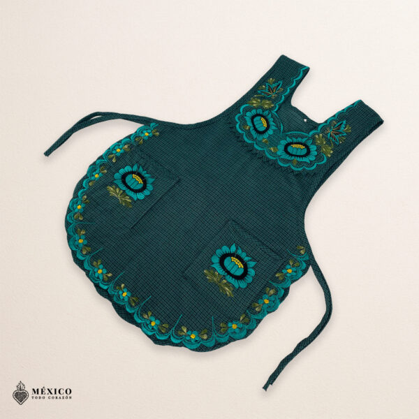 Turquoise Mexican embroidered smock apron with colorful floral traditional design, handmade artisan apron for women