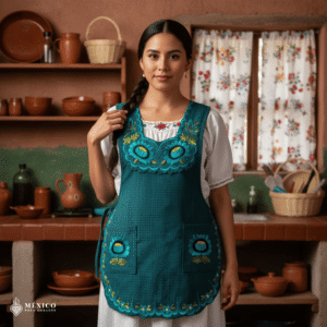 Turquoise Mexican embroidered smock apron with colorful floral traditional design, handmade artisan apron for women