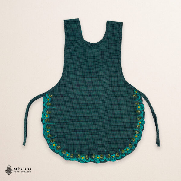 Turquoise Mexican embroidered smock apron with colorful floral traditional design, handmade artisan apron for women