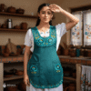 Turquoise Mexican embroidered smock apron with colorful floral traditional design, handmade artisan apron for women
