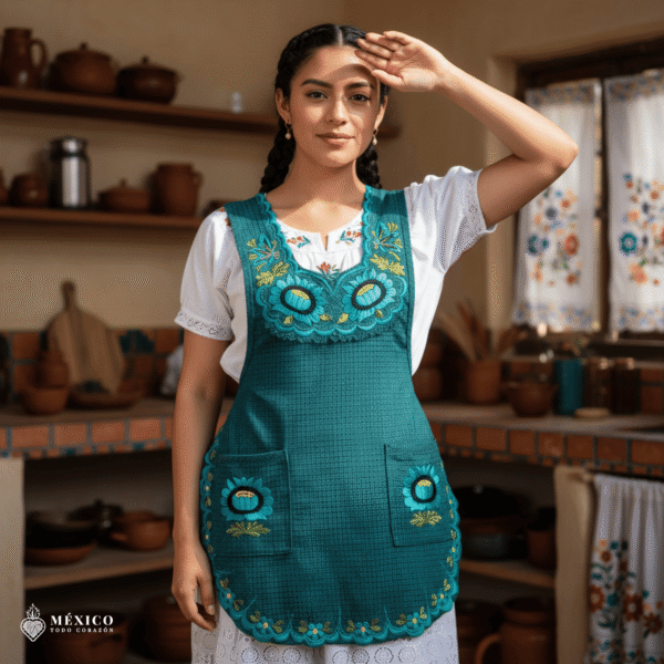 Turquoise Mexican embroidered smock apron with colorful floral traditional design, handmade artisan apron for women