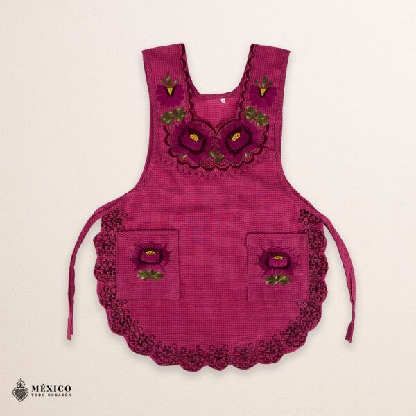 Cherry Mexican embroidered smock apron with colorful floral traditional design, handmade artisan apron for women