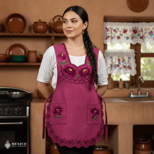 Cherry Mexican embroidered smock apron with colorful floral traditional design, handmade artisan apron for women