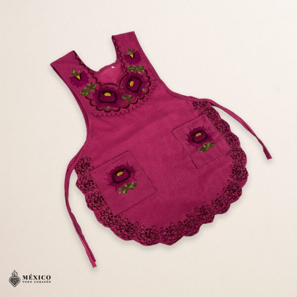 Cherry Mexican embroidered smock apron with colorful floral traditional design, handmade artisan apron for women