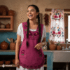 Cherry Mexican embroidered smock apron with colorful floral traditional design, handmade artisan apron for women