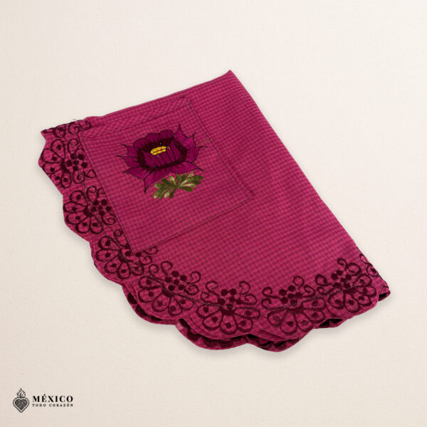 Cherry Mexican embroidered smock apron with colorful floral traditional design, handmade artisan apron for women