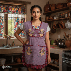 Reddish Mexican embroidered smock apron with colorful floral traditional design, handmade traditional apron for women