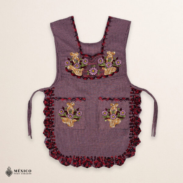 Reddish Mexican embroidered smock apron with colorful floral traditional design, handmade traditional apron for women