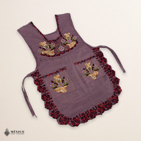 Reddish Mexican embroidered smock apron with colorful floral traditional design, handmade traditional apron for women