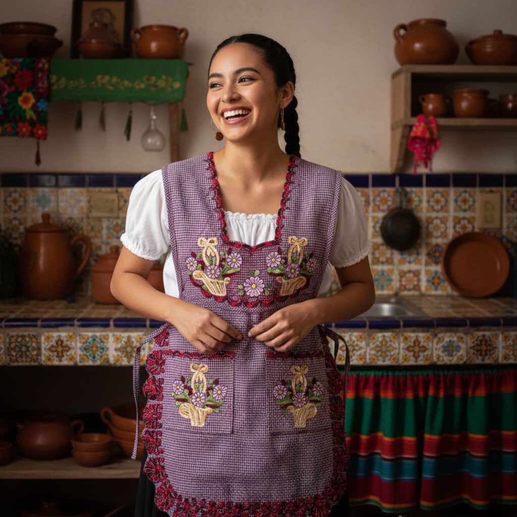 Reddish Mexican embroidered smock apron with colorful floral traditional design, handmade traditional apron for women