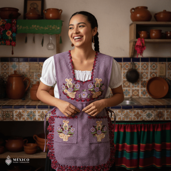 Reddish Mexican embroidered smock apron with colorful floral traditional design, handmade traditional apron for women
