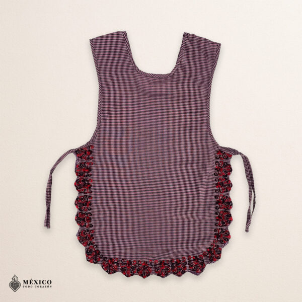 Reddish Mexican embroidered smock apron with colorful floral traditional design, handmade traditional apron for women