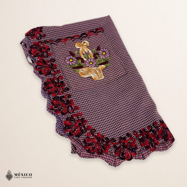 Reddish Mexican embroidered smock apron with colorful floral traditional design, handmade traditional apron for women
