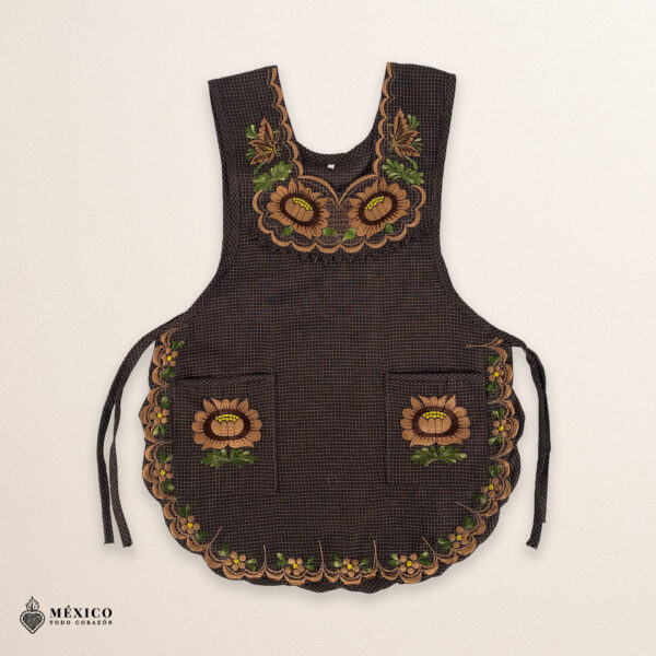 Brown Mexican embroidered smock apron with colorful floral traditional design, handmade traditional apron for women