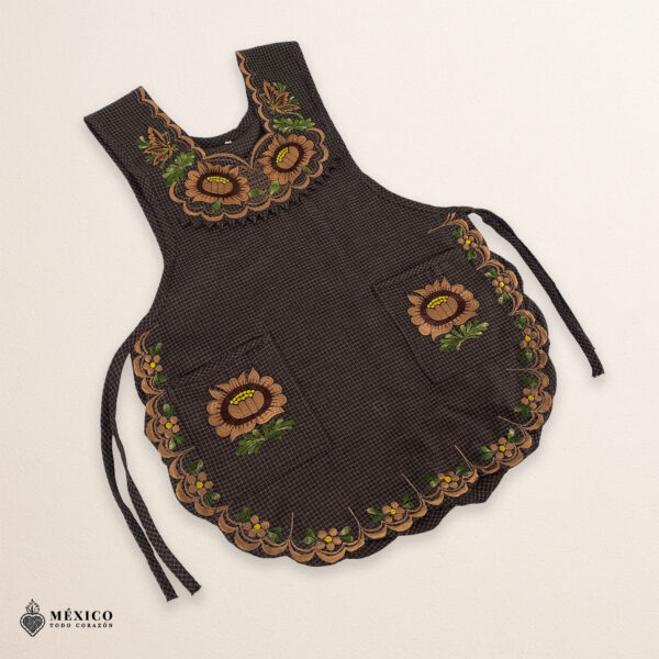 Brown Mexican embroidered smock apron with colorful floral traditional design, handmade traditional apron for women