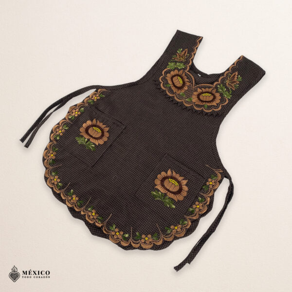 Brown Mexican embroidered smock apron with colorful floral traditional design, handmade traditional apron for women