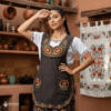 Brown Mexican embroidered smock apron with colorful floral traditional design, handmade traditional apron for women