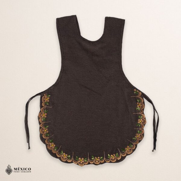 Brown Mexican embroidered smock apron with colorful floral traditional design, handmade traditional apron for women