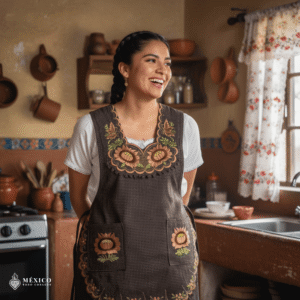 Brown Mexican embroidered smock apron with colorful floral traditional design, handmade traditional apron for women