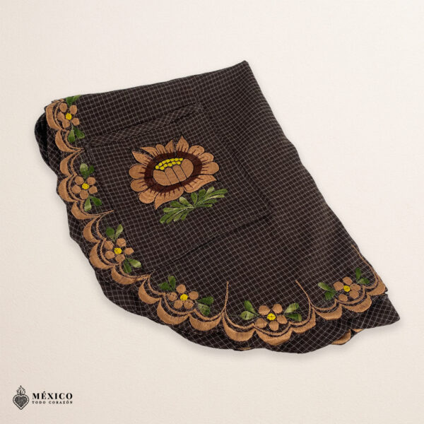 Brown Mexican embroidered smock apron with colorful floral traditional design, handmade traditional apron for women