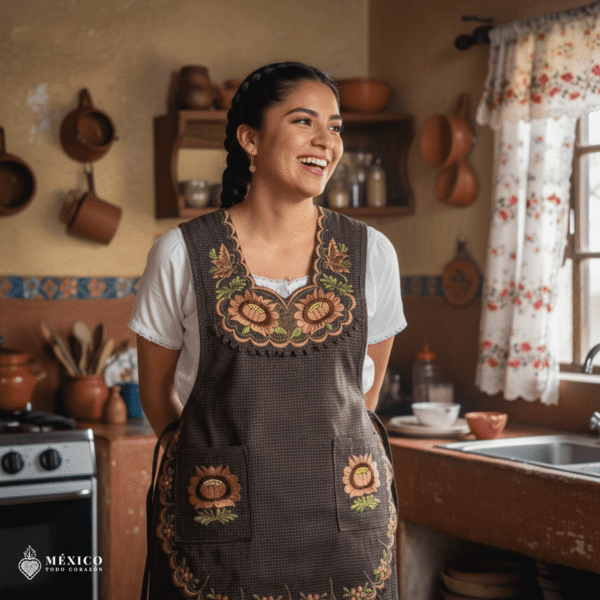 Brown Mexican embroidered smock apron with colorful floral traditional design, handmade traditional apron for women