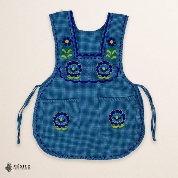 Blue Mexican embroidered smock apron with colorful floral traditional design, handmade artisan apron for women