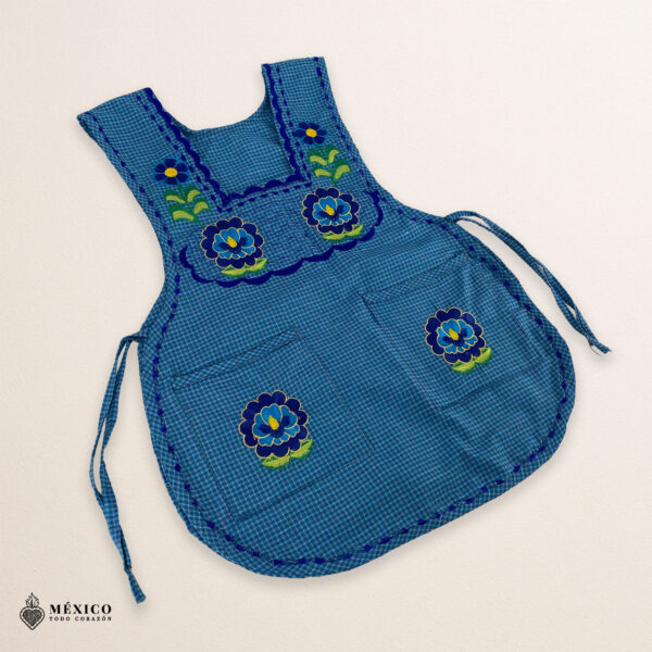 Blue Mexican embroidered smock apron with colorful floral traditional design, handmade artisan apron for women