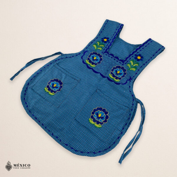 Blue Mexican embroidered smock apron with colorful floral traditional design, handmade artisan apron for women