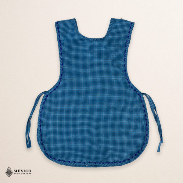 Blue Mexican embroidered smock apron with colorful floral traditional design, handmade artisan apron for women