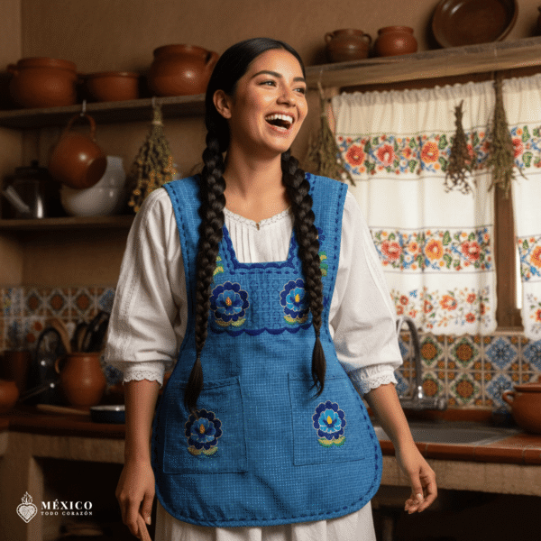 Blue Mexican embroidered smock apron with colorful floral traditional design, handmade artisan apron for women