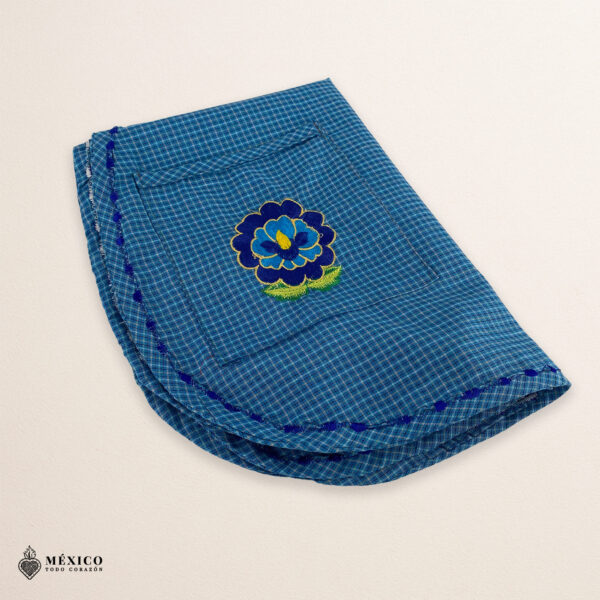 Blue Mexican embroidered smock apron with colorful floral traditional design, handmade artisan apron for women