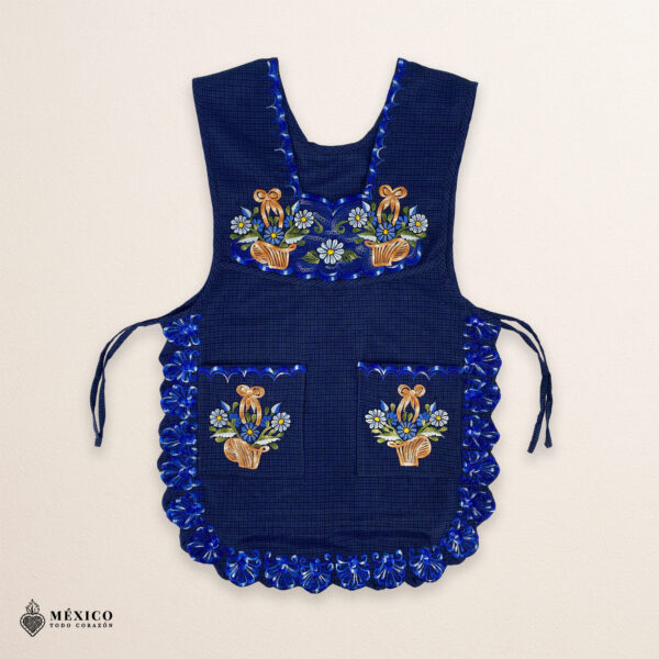 Royal blue Mexican embroidered smock apron with vibrant floral traditional design, handmade artisan apron for women