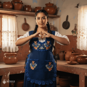 Royal blue Mexican embroidered smock apron with vibrant floral traditional design, handmade artisan apron for women