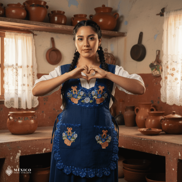 Royal blue Mexican embroidered smock apron with vibrant floral traditional design, handmade artisan apron for women