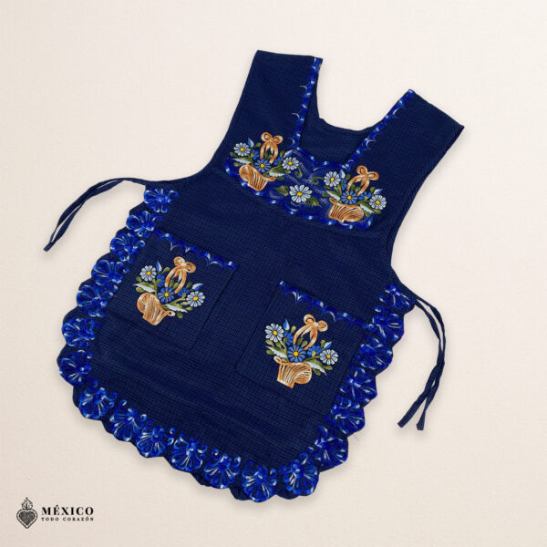 Royal blue Mexican embroidered smock apron with vibrant floral traditional design, handmade artisan apron for women