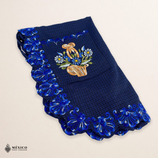 Royal blue Mexican embroidered smock apron with vibrant floral traditional design, handmade artisan apron for women