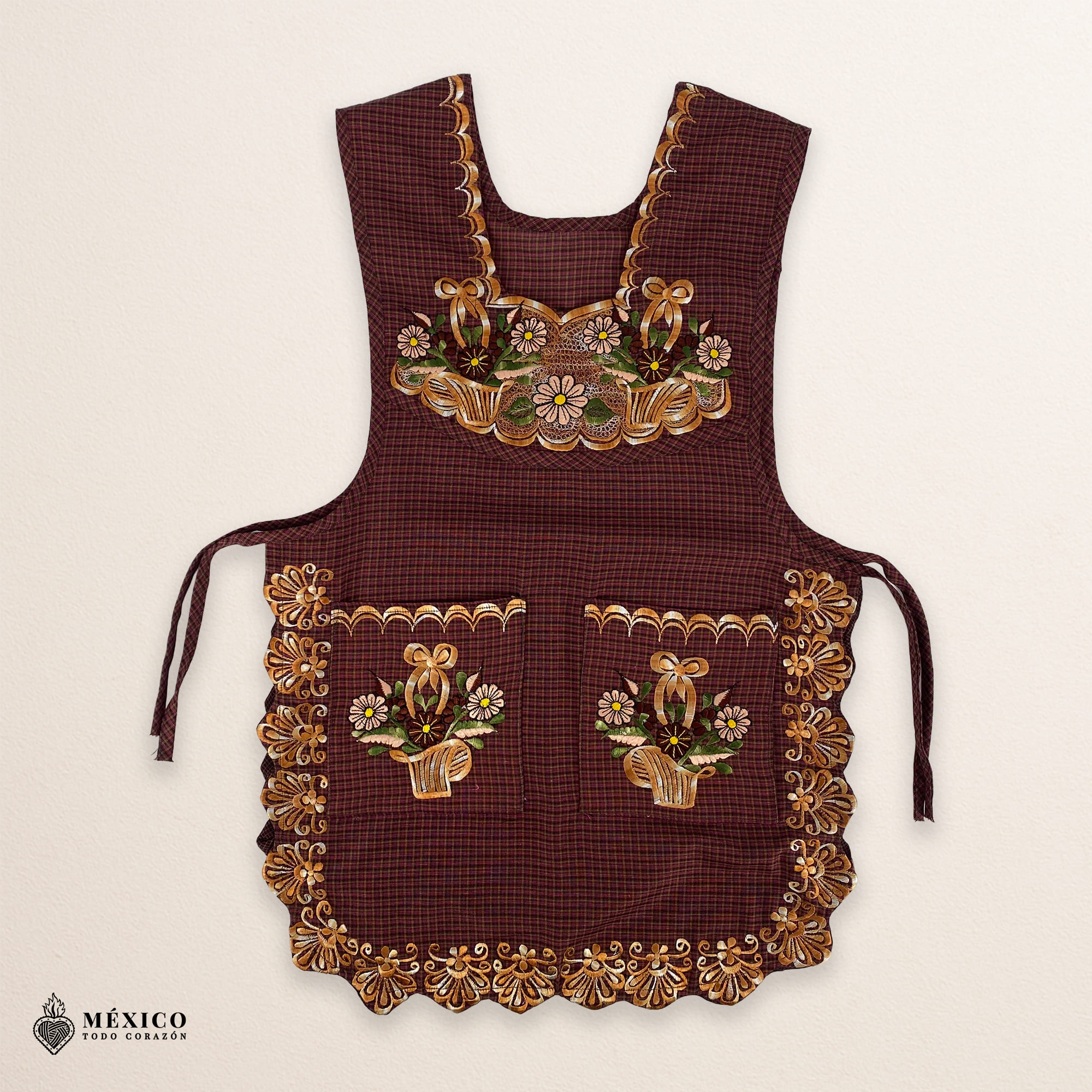 Brown Mexican embroidered smock apron with colorful floral traditional design, handmade artisan apron for women